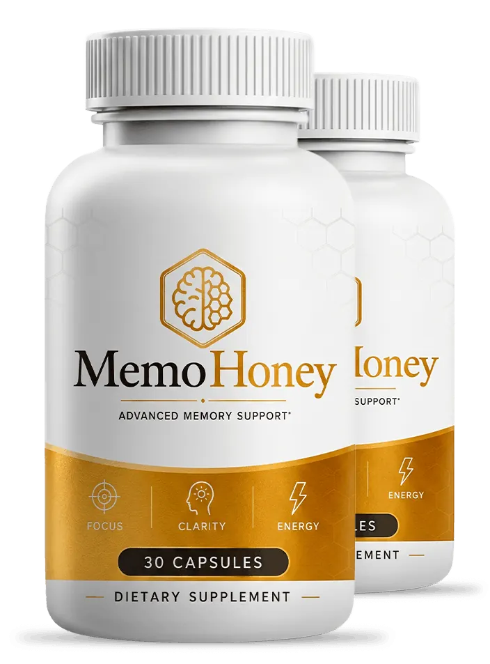 Two bottles of the MemoHoney memory and mental clarity supplement