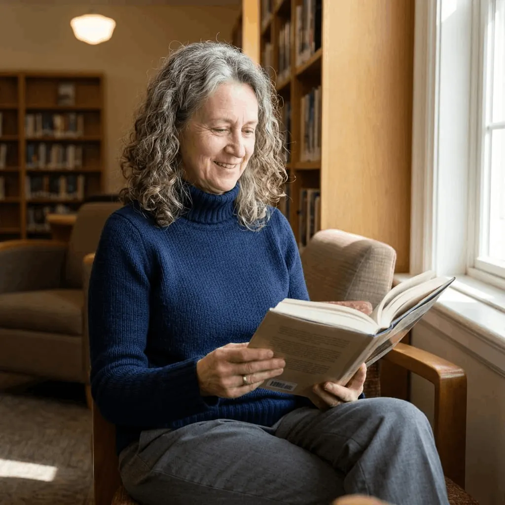 An older woman reading in a library armchair by a window