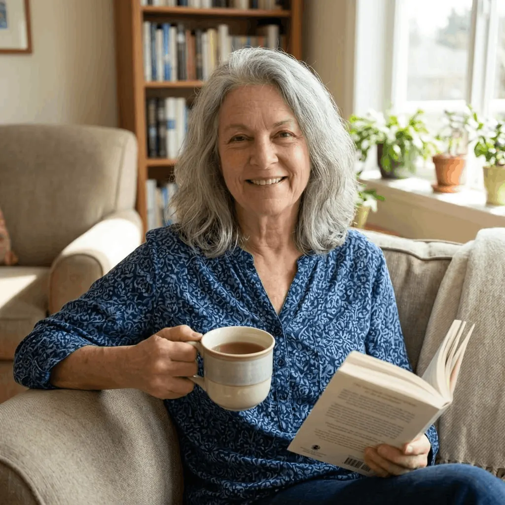 An older woman reading with a mug of coffee in a sunlit room